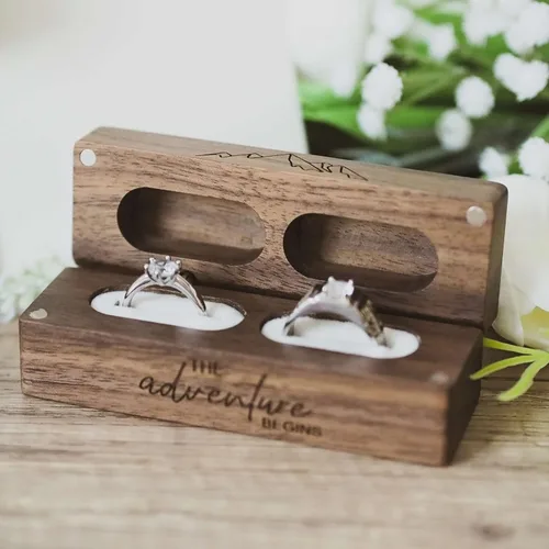 Miniatura 4 de Caja de madera grabada con 2 anillos para boda, caja de almacenamiento rectangular de madera maciza rústica vintage
