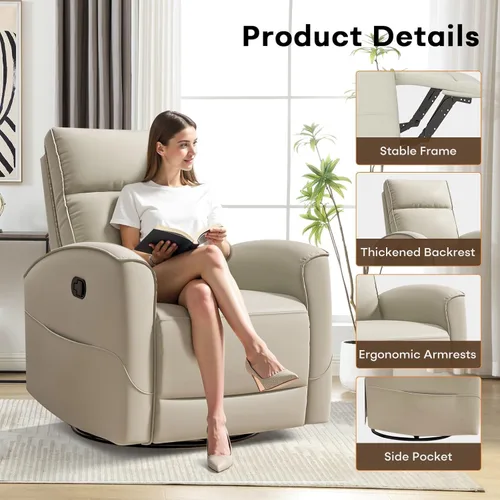 Miniatura 6 de HAOMARKETS Silla reclinable basculante giratoria, sillón reclinable manual de imitación de cuero para adultos, sofá reclinable para cuarto del bebé