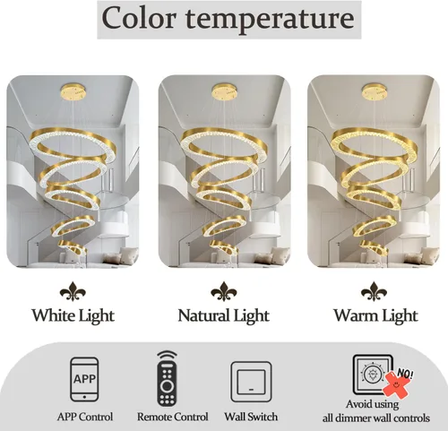 Miniatura 6 de Flashing God Lámpara de Araña Grande para Techo Alto, Lámpara de Araña de Cristal Moderna de 5 Anillos para Entrada, Accesorios de Iluminación