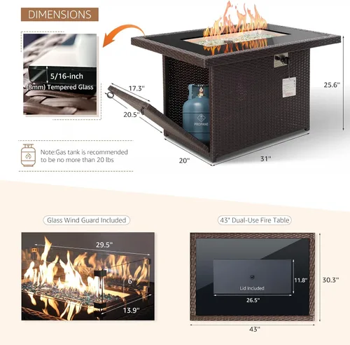 Miniatura 5 de NICESOUL Mesa de Hoguera de Mimbre para Exteriores de Gas Natural/Propano, Mesa de Hoguera Rectangular de 43'' para Exteriores, Mesas de Chimenea