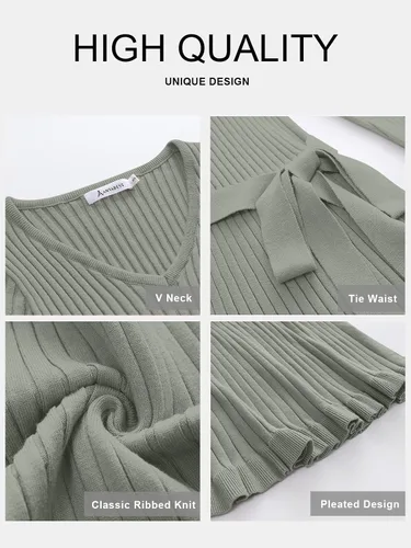 Miniatura 5 de ANRABESS Vestido tipo suéter de manga larga con cuello en V para mujer, plisado, ajustado, acanalado, de punto, con cinturón