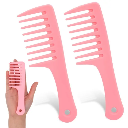 Mini peines desenredantes de dientes anchos y tamaño de viaje, 2 peines de plástico portátiles para peinar cabello rizado, largo y húmedo Rosa