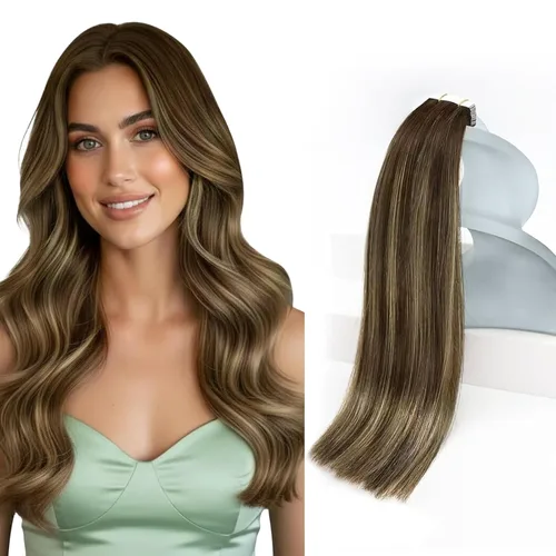 Sunny Hair Extensiones de cabello humano real con cinta, 24 pulgadas, 20 unidades de 1.76 oz (50 g), color marrón oscuro degradado a rubio caramelo