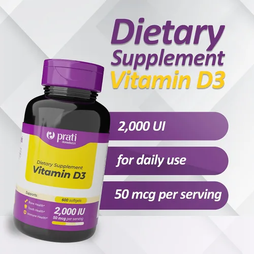 Miniatura 2 de Prati Donaduzzi Vitamina D3 2,000 UI (50 mcg) cápsulas blandas 600 unidades - Suplemento diario de sol para apoyo óseo y dental - Suministro