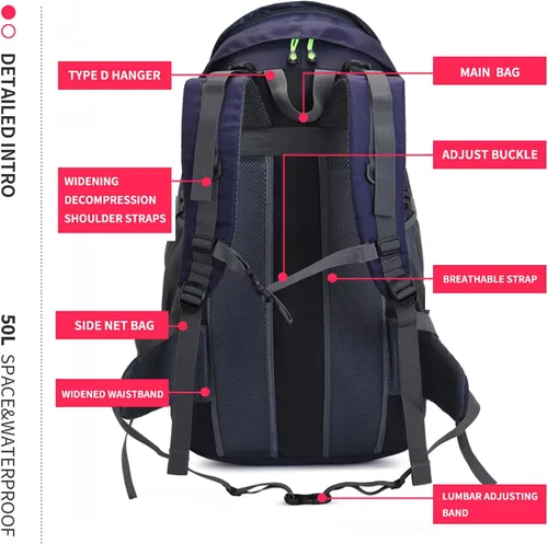 Miniatura 7 de Bseash Mochila de senderismo de 50 L, resistente al agua, ligera, mochila deportiva para deportes al aire libre, bolsa de viaje para camping, Morado