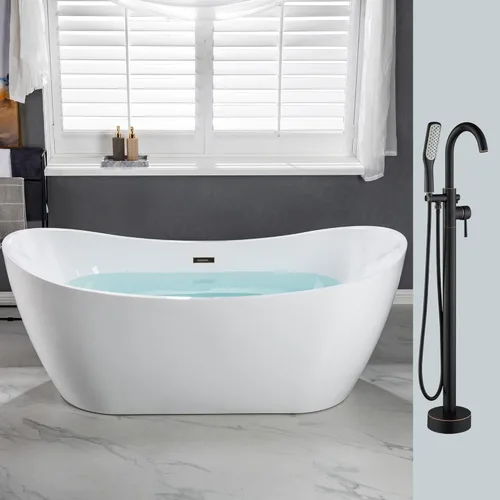 WOODBRIDGE Bañera de remojo acílica blanca independiente de 71 "con kit de drenaje y relleno de bañera de montaje en piso en ORB, BTA1517 -ORB-Drain