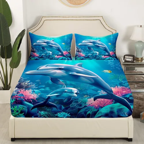 Miniatura 3 de Erosebridal Juego de sábanas de delfín azul océano para adolescentes y niños, juegos de ropa de cama 3D submarino bajo el mar, vida marina