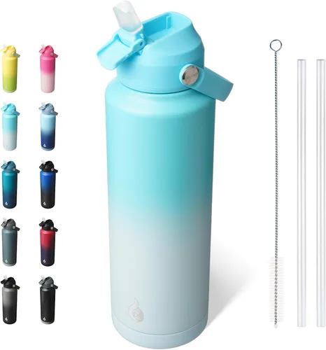 Miniatura 48 de BJPKPK - Botella de agua aislada con tapa de popote, 532 ml Botellas termo con boquilla suave, asa flexible y base antideslizante, libre de BPA, a