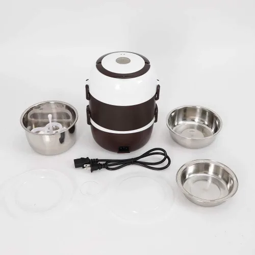 Fiambrera eléctrica para arrocera, 3 capas, 2 L, calentador de alimentos de arroz portátil con estante para vapor, vaporizador de alimentos de acero