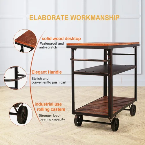 Miniatura 4 de Topower Carrito de bar industrial, carrito de servicio con ruedas y asa, carrito de metal para bebidas de 3 niveles con bandeja extraíble y estantes