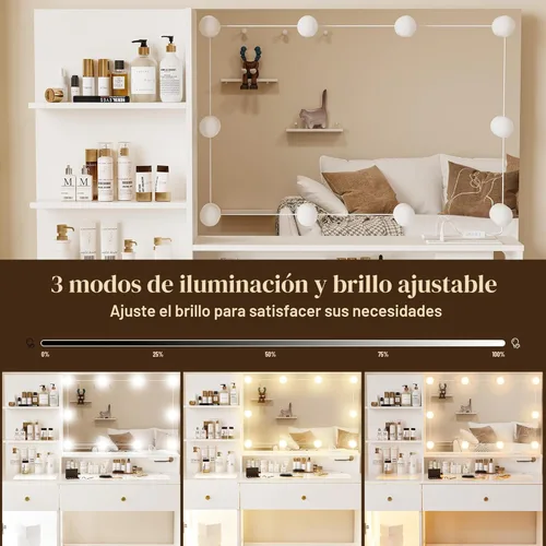 Miniatura 5 de INNOD Escritorio de tocador de 40 pulgadas con espejo grande y luces, moderno juego de tocador de maquillaje con tapa de vidrio con toma