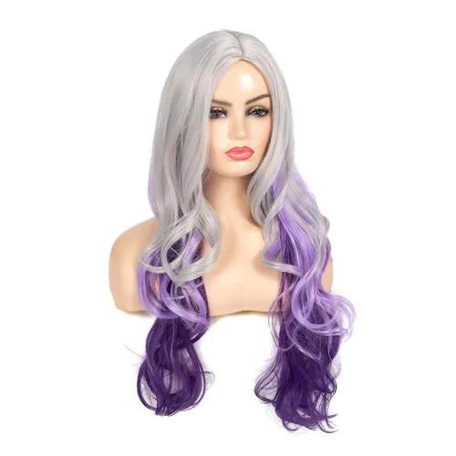 Miniatura 4 de Peluca larga y rizada ondulada gris plateado a morado con parte lateral de aspecto natural sintético Cosplay peluca para mujeres Astilla a Púrpura