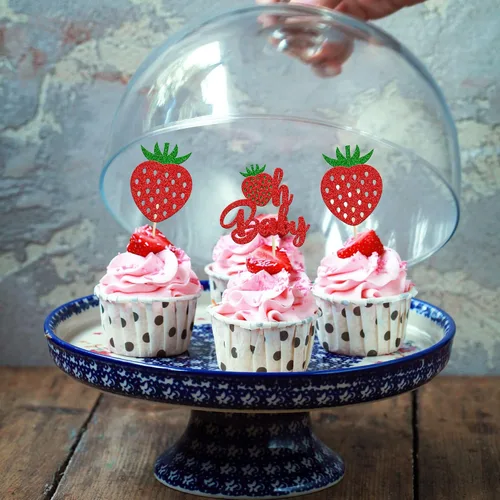 Miniatura 6 de 24 piezas de decoración de cupcakes con purpurina de fresa Oh Baby con temática de frutas, baby shower, para revelación de género, baby shower, D