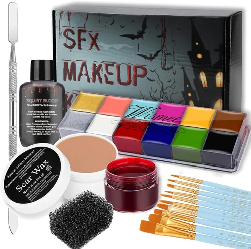 Kit de maquillaje SFX profesional pintura facial y corporal efectos especiales de Halloween con cera para cicatrices, 10 pinceles para pintar la