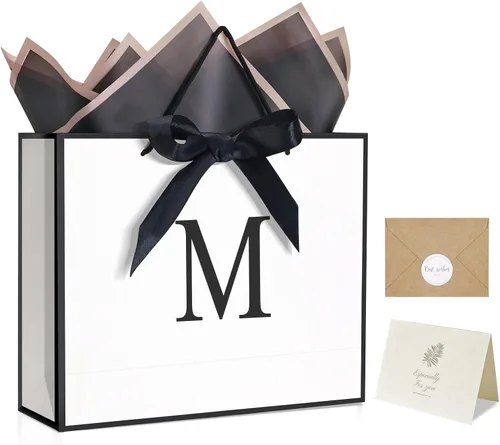 Miniatura 15 de QLSKO - Bolsa de regalo con monograma personalizada, bolsa de papel con inicial personalizada con tarjeta, sobre a juego, cinta con lazo y papel