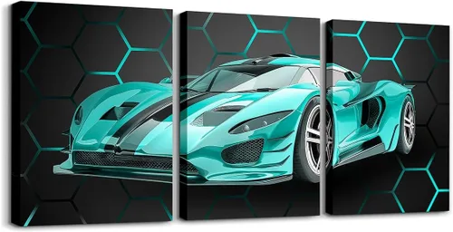 Miniatura 26 de Feelyou Cuadro azul de carreras para pared, 12 x 16 pulgadas, 3 piezas de autos deportivos de velocidad, lienzo para decoración de pared, diseño