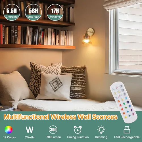 Miniatura 2 de Shenmoyl Juego de dos apliques de pared vintage a pilas, aplique de pared inalámbrico con rosa a pilas con control remoto, luz LED de pared RGB