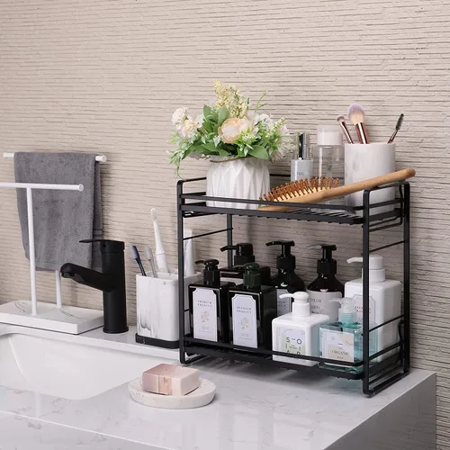 Miniatura 2 de zccz Organizador de baño de 2 niveles, ideal como organizador de encimera de cocina o baño, organizador de maquillaje con acabado negro para Negro