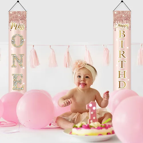 Miniatura 5 de Miss Onederful - Cartel de feliz cumpleaños para puerta y letrero de porche para niñas bebés, suministros de fiesta de primer cumpleaños, decoración