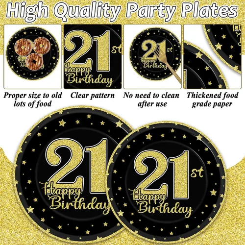 Miniatura 3 de 200 piezas de suministros para fiesta de cumpleaños de 21 años, platos de papel negro dorado, Brindis por 21 años, platos de papel y servilletas
