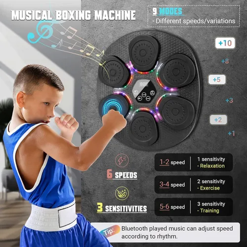 Miniatura 4 de Music Boxing Machine for Adults & Kids, Bluetooth Smart Boxing Wall Machine with Gloves, 9 Modes, 6 Speeds & 3 Sensitivity, Electric Light Up Music