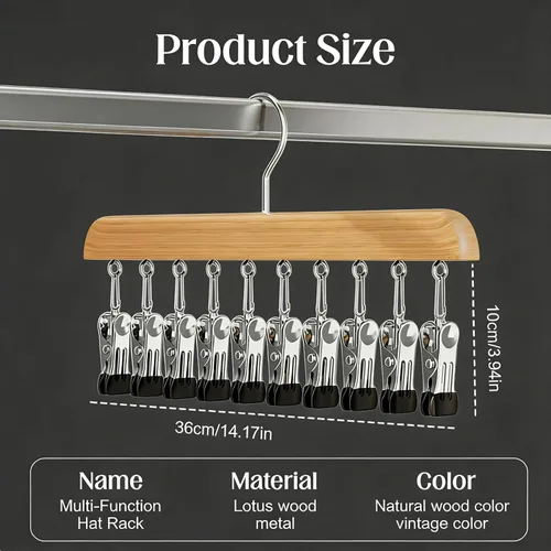 Miniatura 2 de Organizador de armario con 10 clips, organizador colgante de armario ajustable de madera para armario, colgador de pantalones de acero inoxidable