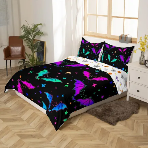 Miniatura 6 de Erosebridal Juego de ropa de cama de murciélago de Halloween, tamaño individual, con purpurina y estrellas, galaxia, funda de edredón para niños