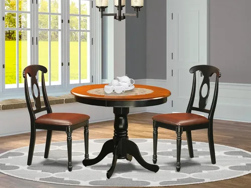 Miniatura 2 de East West Furniture El juego de habitación ANKE3-BLK-LC de 3 piezas contiene una mesa de cocina redonda con pedestal y 2 sillas de comedor tapizadas