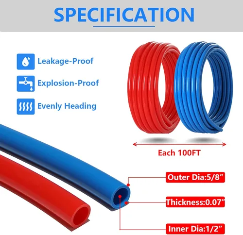 Miniatura 2 de Tubo PEX-B, 2 rollos de 1/2 pulgada, azul y rojo cada uno de 100 pies (200 pies) de longitud, tubos PEX con cortador de tubos, para aplicaciones