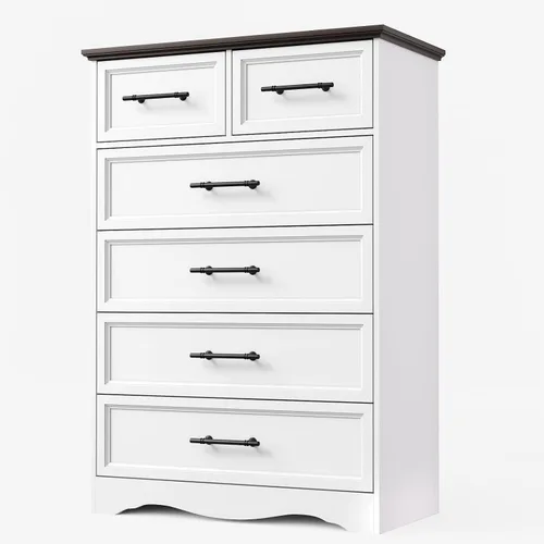 Miniatura 16 de YANSNWO Cómoda de Granja Negra para Dormitorio, Moderna Cómoda de 6 Cajones, Cómoda Alta de 44" con Manijas de Metal Cepillado, Organizadores