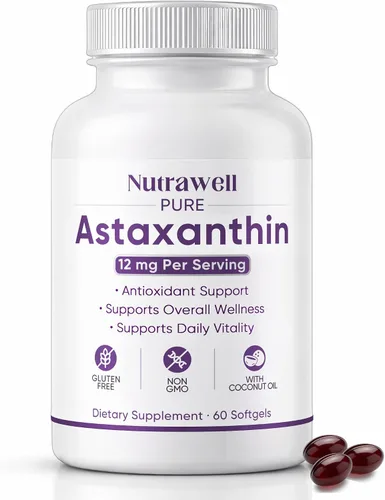 NutraWell Astaxantina 12 mg, con aceite de coco, suplemento de apoyo antioxidante, sin OMG, sin gluten, 60 cápsulas blandas