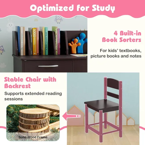 Miniatura 4 de Costzon Juego de escritorio y silla para niños, escritorio de estudio de madera para estudiantes con aparador, cajón de almacenamiento y gabinetes