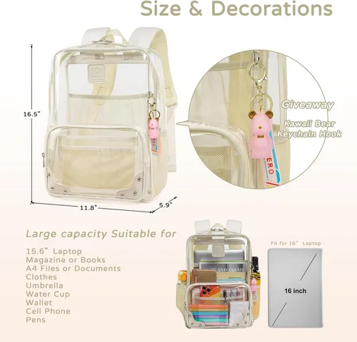 Miniatura 6 de Caoroky knight Mochila transparente resistente y transparente para laptop, 15.6 pulgadas, TPU transparente, mochila de viaje, mochila universitaria