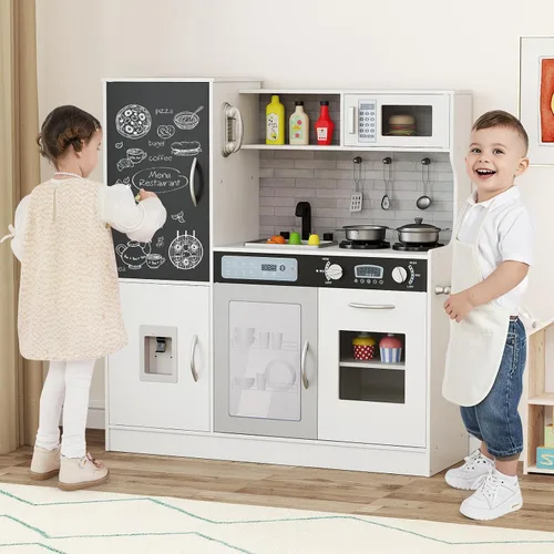 Miniatura 9 de Costzon Juego de cocina para niños, gran juego de juguetes de cocina de chef de madera con sonidos y luces reales, microondas, pizarra, horno