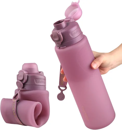 Miniatura 8 de TakeToday Botellas de agua plegables de 32 onzas, botella de agua plegable de viaje, sin BPA, botella de agua de silicona a prueba de fugas