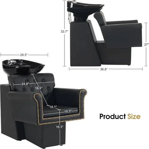 Miniatura 2 de BarberPub Silla de estación de champú negra para estilista, champú retrolavado de cerámica y juego de sillas para salón, salón en casa, barbería 9104