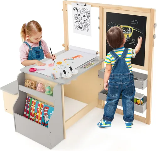 Miniatura 10 de Costzon Caballete para niños, centro de arte de madera con pizarra de doble cara y pizarra blanca, rollo de papel para dibujo, manualidades