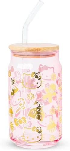 Miniatura 27 de Silver Buffalo Sanrio - Vaso de vidrio rosa con tapa de bambú y sorbete de vidrio de Hello Kitty, 16 onzas Hello Kitty Agitando