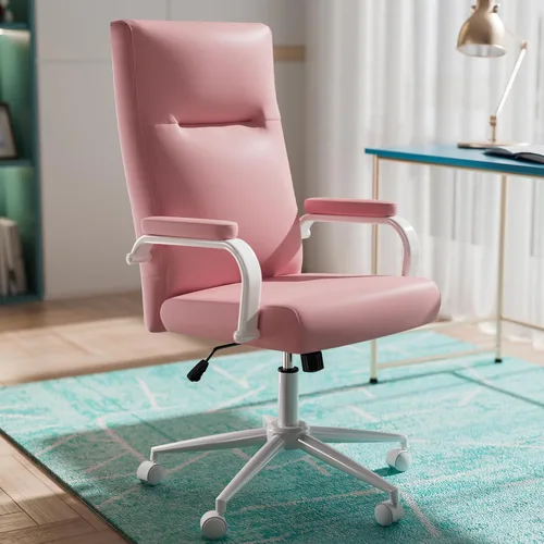 Miniatura 11 de GXJ Silla de oficina blanca y dorada de espuma viscoelástica, sillas de escritorio de cuero blanco con ruedas y brazos, silla de oficina ejecutiva