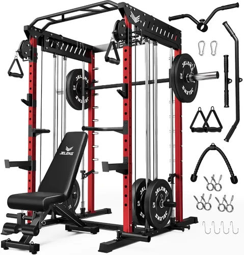 Miniatura 27 de JELENS M21 - Máquina Smith, jaula de potencia multifunción con sistema de cruce de cable de polea doble, banco de sentadillas todo en uno de 907 kg
