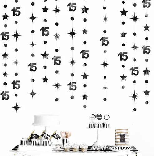 Miniatura 7 de Decoraciones negras de cumpleaños número 15, guirnalda de estrellas centelleantes con el número 15, pancarta metálica para niñas y niños, vítores a
