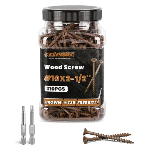 Tornillos para madera de 2-1/2 pulgadas, tornillos para terraza FIXLINK #10 x 2-1/2", 310 piezas, recubiertos con epoxi, broca de estrella T25,