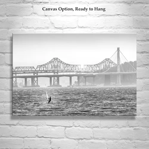 Miniatura 4 de Impresión de Windsurf en el puente de la bahía de Oakland en blanco y negro