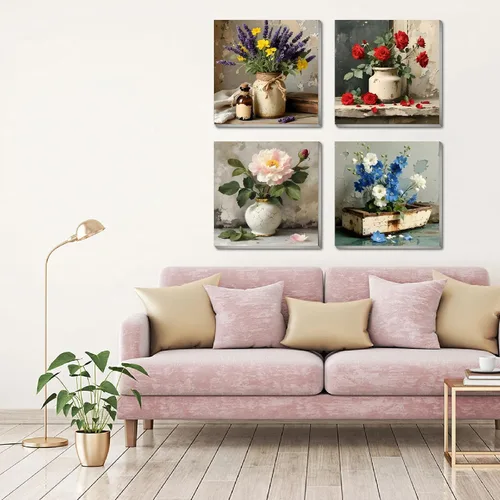 Miniatura 4 de FQOVKYN Paquete de 4 marcos con flores para pintar por números para adultos, kit DIY de artista para pintar por números de jarrón en lienzo, kit