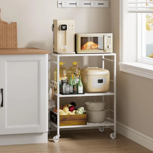 Miniatura 9 de Carrito de cocina de 3 niveles con estantes ajustables - Carrito de almacenamiento para microondas y organizador rodante utilitario, ruedas