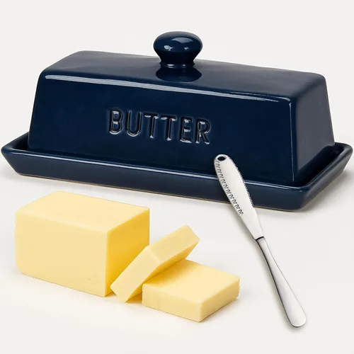 Plato de Mantequilla con Tapa, WERTIOO Recipiente de Mantequilla de Porcelana con Asa, Cubierta Francesa de Mantequilla con Envase de Untador de