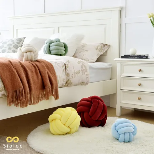 Miniatura 4 de Sioloc - Almohadas de nudo suave, cojín redondo para decoración del hogar, almohada de bola anudada hecha a mano (13.7 pulgadas, color verde)