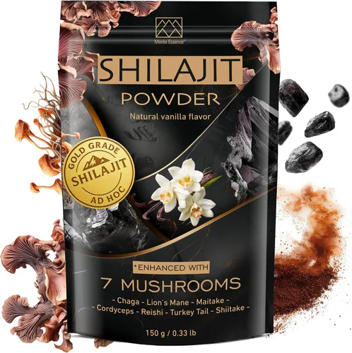 Gold Shilajit Polvo y 7 complejo de hongos – Energía, enfoque y apoyo cerebral – Melena de león, Chaga, Reishi, Cordyceps, cola de pavo – Sabor a