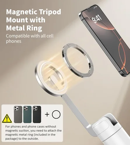 Miniatura 2 de TONEOF Trípode de palo de selfie magnético de 68" con soporte magnético fuerte de aluminio para Magsafe, soporte de trípode para teléfono de viaje