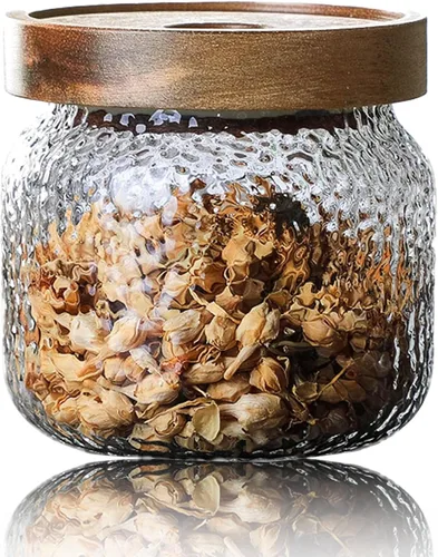 Viovian Tarro de vidrio de 10 OZ con tapa, tarros de almacenamiento de vidrio decorativos vintage para alimentos, recipiente antideslizante de